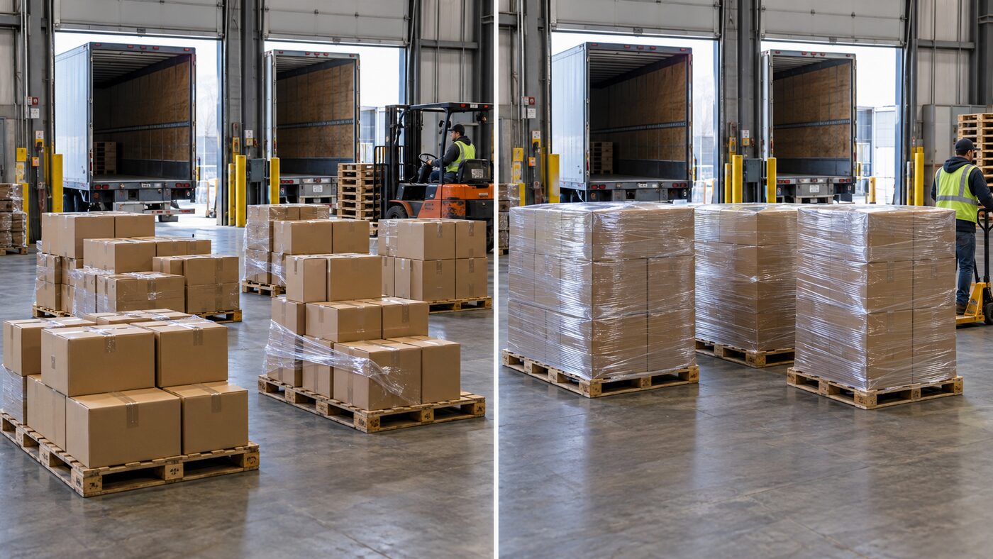 Example of partial pallets before and after freight consolidation