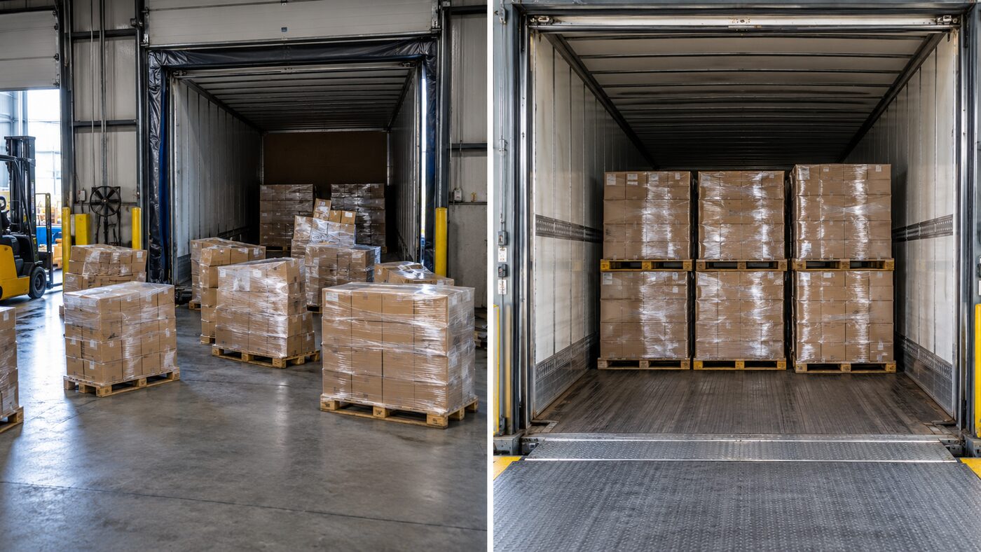 Example of freight staging before and after a cross-dock transfer
