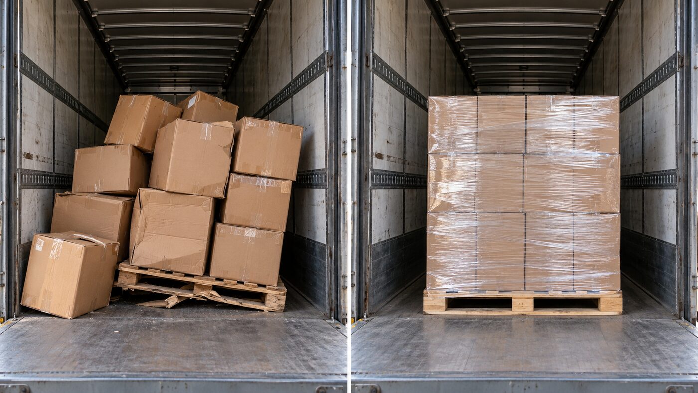 Example of a shifted pallet before and after professional restacking
