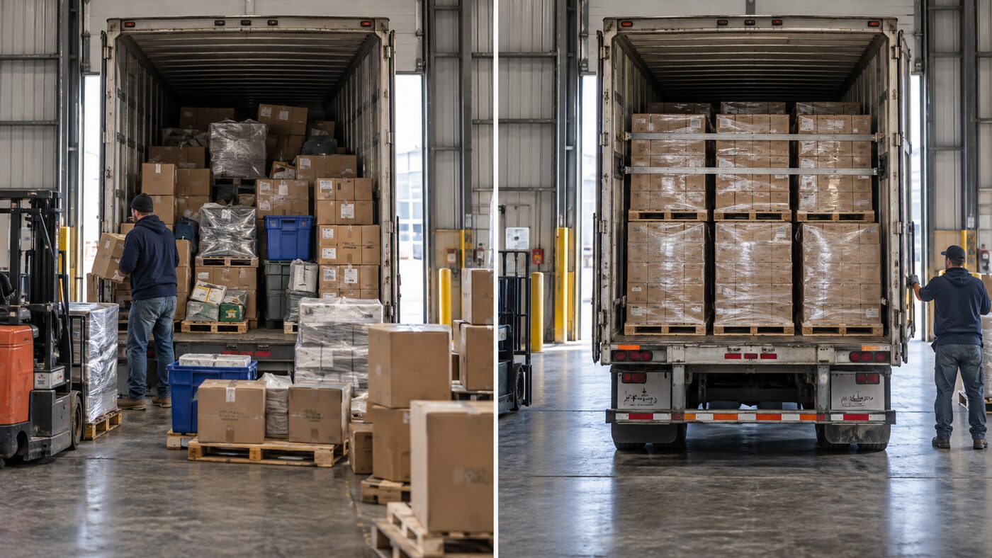 Example of mixed freight before and after transloading